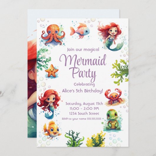 Kleine Zeemeermin Verjaardag Uitnodiging Feest (Voorkant / Achterkant)