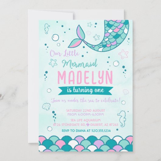 Kleine Zeemeermin Verjaardagsuitnodiging Kaart (Voorkant)
