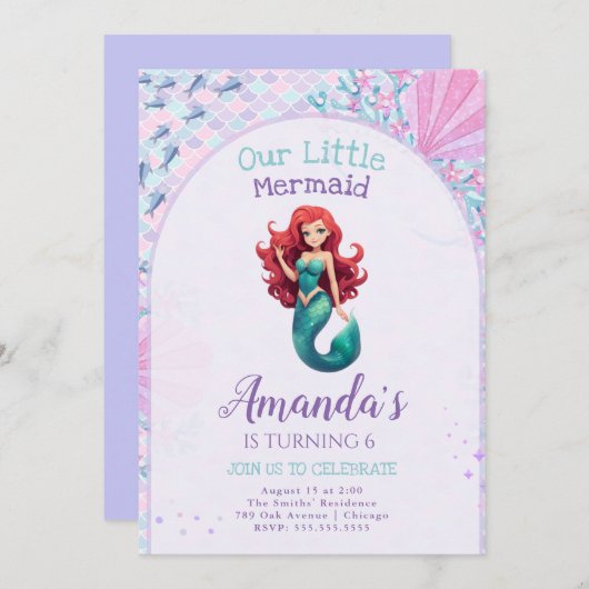 Kleine Zeemeermin Verjaardagsuitnodiging Kaart (Voorkant / Achterkant)