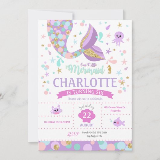 Kleine Zeemeermin Verjaardagsuitnodiging Onder Het Kaart (Voorkant)