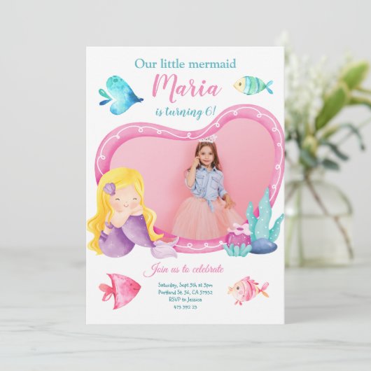 Kleine Zeemeermin Zee Vis Foto Verjaardagsuitnodig Kaart (Staand voorkant)