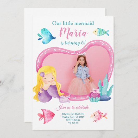 Kleine Zeemeermin Zee Vis Foto Verjaardagsuitnodig Kaart (Voorkant / Achterkant)