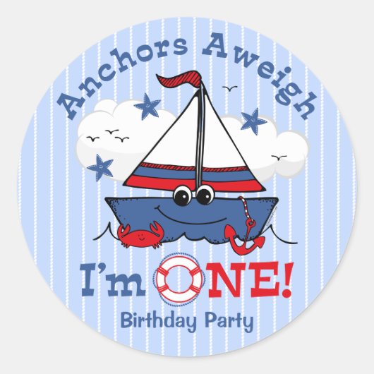 Kleine zeilboot 1e verjaardag ronde sticker (Voorkant)