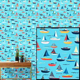 Kleine zeilboten in het Zee, Nautical Aqua Blue Behang