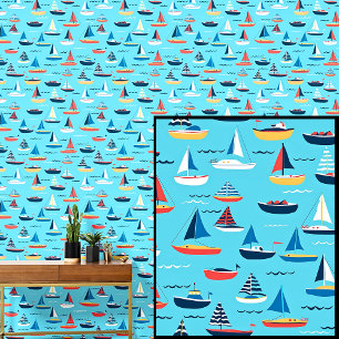 Kleine zeilboten in het Zee, Nautical Aqua Blue Behang