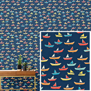 Kleine zeilboten op donkerblauw, nautisch behang