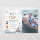 Kleine Zeiler Nautische Blauwe 1e Verjaardigsfoto Bedankkaart (Voorkant)