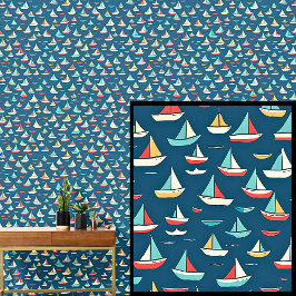 Kleine zeilschepen boten, nautisch rood blauw behang