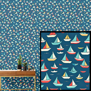 Kleine zeilschepen boten, nautisch rood blauw behang