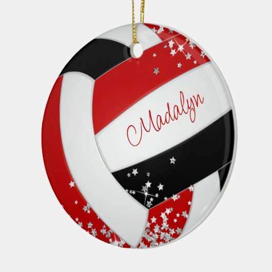 Kleine zilveren sterren rood zwart volleybal meisj keramisch ornament (Links)