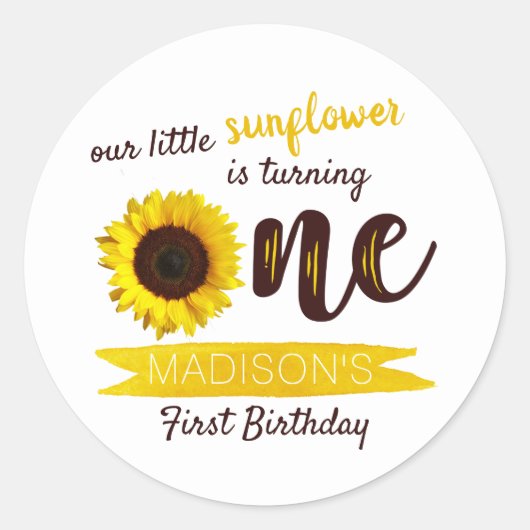 Kleine Zonnebloem 1e verjaardag Ronde Sticker (Voorkant)