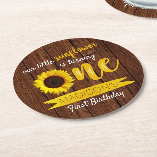Kleine Zonnebloem 1e Verjaardagsfeest Ronde Kartonnen Onderzetter (Gebogen)