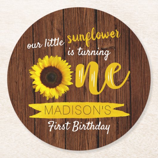 Kleine Zonnebloem 1e Verjaardagsfeest Ronde Kartonnen Onderzetter (Voorkant)