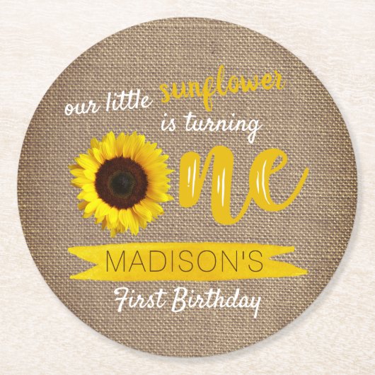 Kleine Zonnebloem 1e Verjaardagsfeest Ronde Kartonnen Onderzetter (Voorkant)