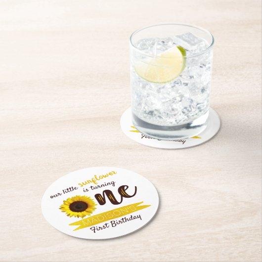 Kleine Zonnebloem 1e Verjaardagsfeest Ronde Kartonnen Onderzetter (Insitu)