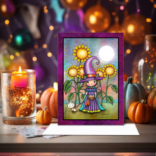 Kleine Zonnebloem Heks Schattige Halloween Kunst Kaart