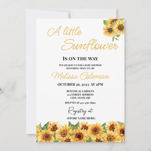 Kleine zonnebloem is op weg naar het Baby shower Kaart (Voorkant)