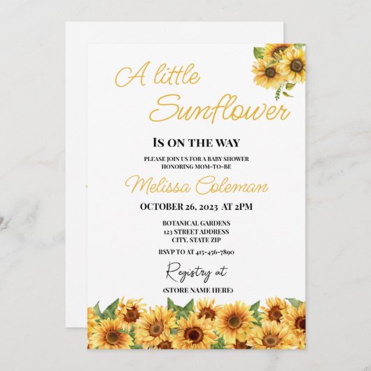 Kleine zonnebloem is op weg naar het Baby shower Kaart (Voorkant / Achterkant)