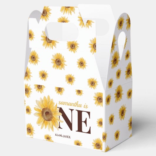 Kleine zonnesbloem 1ste verjaardag bedankdoosjes (Geopend)