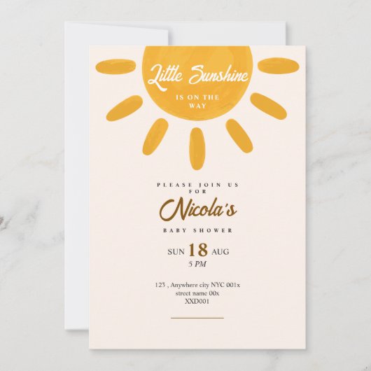 Kleine zonneschijn babyshower zon uitnodiging (Voorkant)