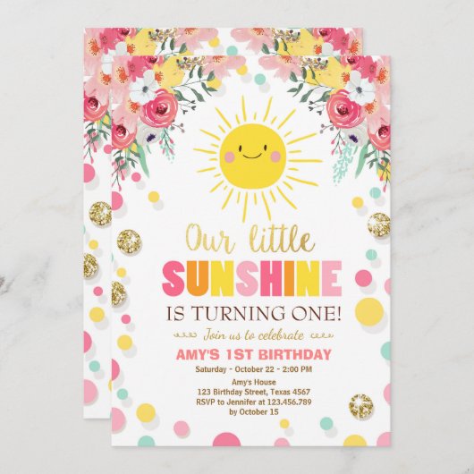 Kleine zonneschijn Verjaardag uitnodiging Roze Blo (Voorkant / Achterkant)