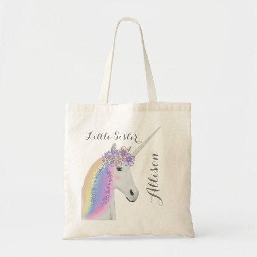 Kleine zuster Unicorn Rainbow Flowers Fantasy Tote Bag (Voorkant)