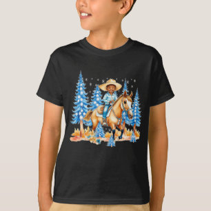 Kleine zwarte cowboy op paard winterscène t-shirt