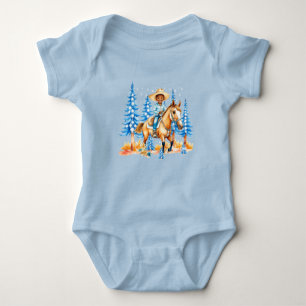 Kleine zwarte cowboy op paard winterse scène romper