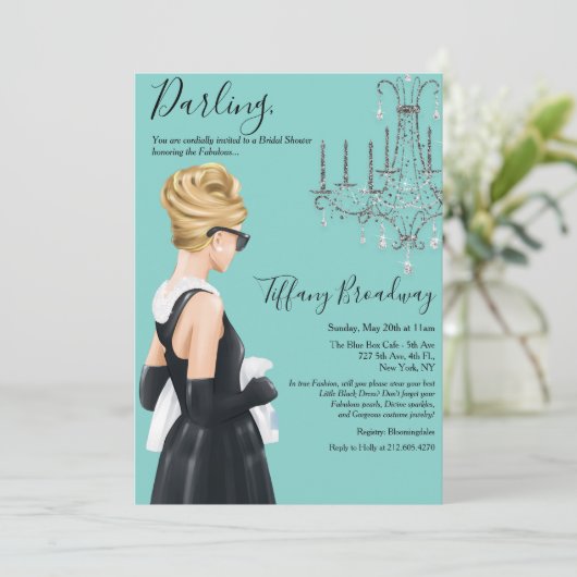 Kleine zwarte dress Blue Glam Vrijgezellenfeest Kaart (Staand voorkant)