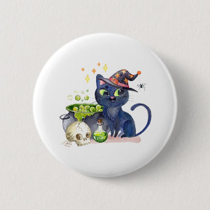 Kleine zwarte hekkkat met een cauldron ronde button 5,7 cm