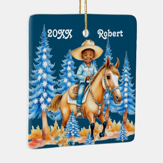 Kleine zwarte jongen op paard winterscène aangepas keramisch ornament (Rechts)