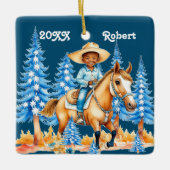 Kleine zwarte jongen op paard winterscène aangepas keramisch ornament (Voorkant)