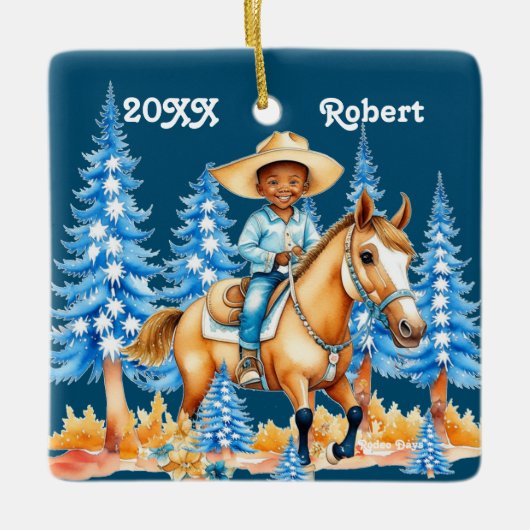 Kleine zwarte jongen op paard winterscène aangepas keramisch ornament (Voorkant)