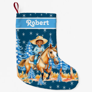Kleine zwarte jongen op paard winterscène aangepas kerstsok