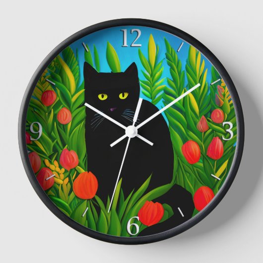 Kleine zwarte kat in een tulpentuin (Voorkant)