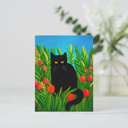 Kleine zwarte kat in een tulpentuin briefkaart (Staand voorkant)