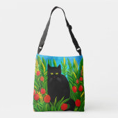 Kleine zwarte kat in een tulpentuin crossbody tas (Achterkant)