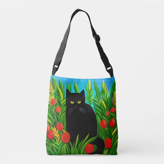 Kleine zwarte kat in een tulpentuin crossbody tas (Achterkant)