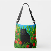 Kleine zwarte kat in een tulpentuin crossbody tas (Voorkant)