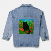 Kleine zwarte kat in een tulpentuin denim jacket (Achterkant)