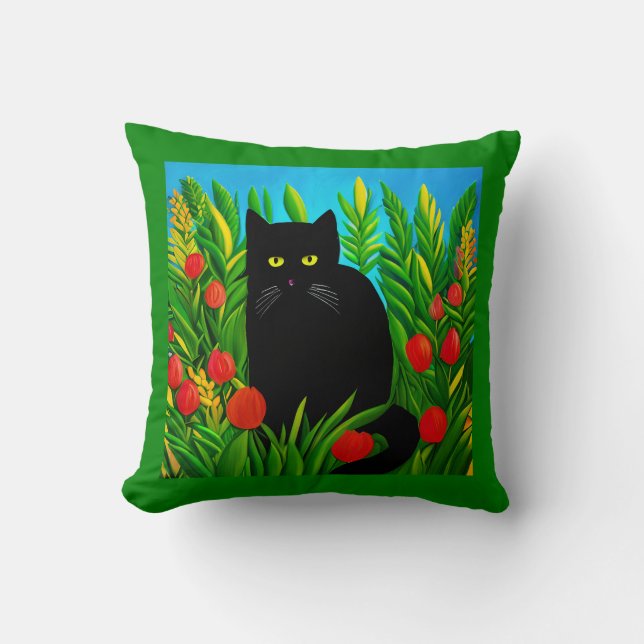 Kleine zwarte kat in een tulpentuin kussen (Voorkant)