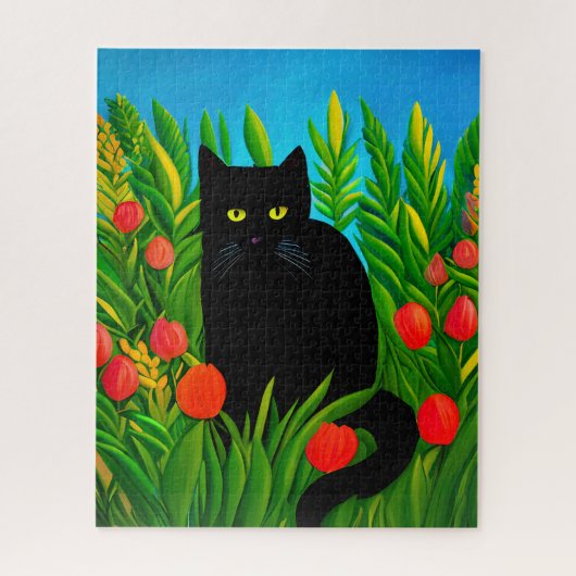 Kleine zwarte kat in een tulpentuin legpuzzel (Verticaal)