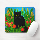 Kleine zwarte kat in een tulpentuin muismat (Met muis)