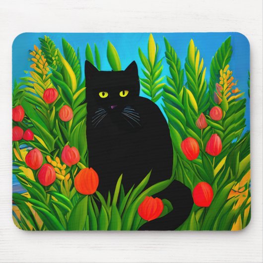 Kleine zwarte kat in een tulpentuin muismat (Voorkant)