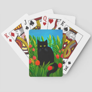 Kleine zwarte kat in een tulpentuin pokerkaarten