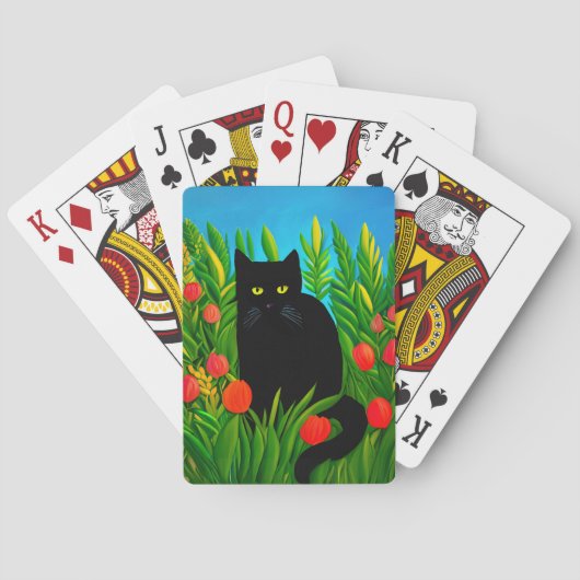 Kleine zwarte kat in een tulpentuin pokerkaarten (Achterkant)