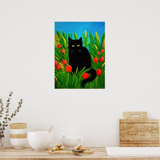 Kleine zwarte kat in een tulpentuin poster (Keuken)