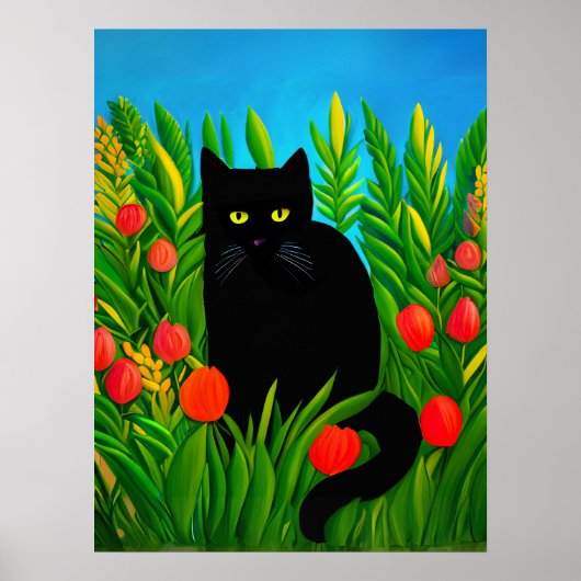 Kleine zwarte kat in een tulpentuin poster (Voorkant)