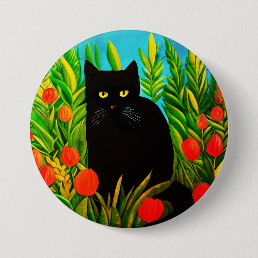 Kleine zwarte kat in een tulpentuin ronde button 7,6 cm (Voorkant)