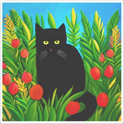 Kleine zwarte kat in een tulpentuin sticker (Voorkant)